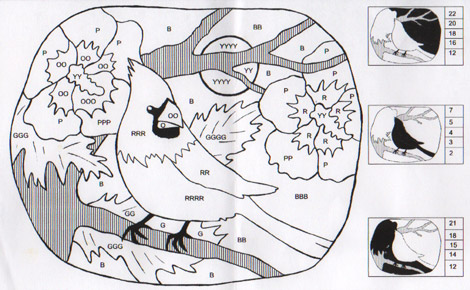 Coloring the top section of the beak requires two orange, while the cardinal's wing requires two reds. To the right of the page, note the scale of points for each completed section. Being the first player to complete the top-right portion of the figure gets you 22 points!