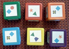 There are two colors featured on each die face. The shapes allow the color blind to play, too.
