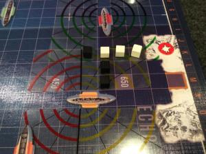 I took these photos during our first game, during which we used sonar INCORRECTLY. I was hamstringing myself as the Russian player. The correct way to place sonar templates is to represent all four colors for EACH destroyer. In other words, the Russian player will at least know what quadrant a sub is in should he make contact.