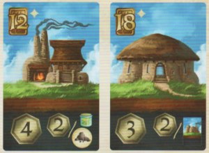The card on the left costs 12 coins to purchase and will grant 4 Village Points at the end of the game, plus 2 bonus Village Points per Ore and Potion in possession.