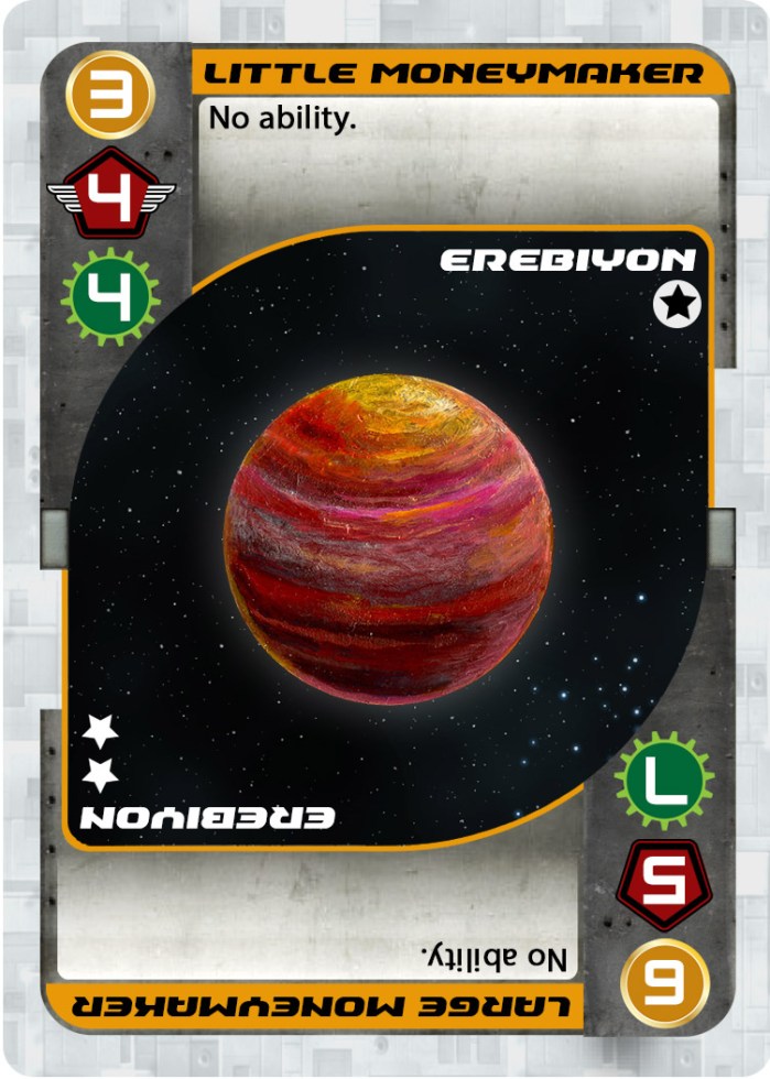 The gold coin is cost, the red pentagon is military (it's also your fleet value if it has wings), and the green gear is income. The stars are Victory Points.